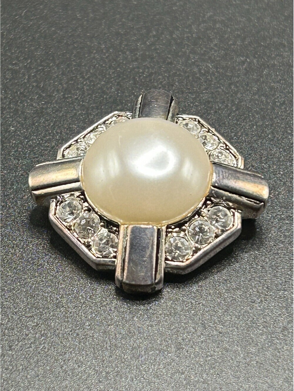 vintage 1950s fm silver tone pearl color center surrounded by rhinestones brooch